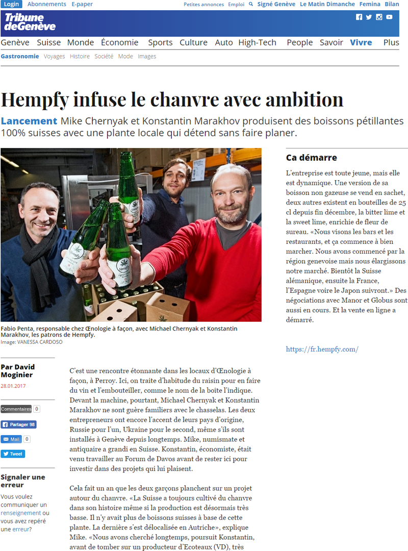 Tribune de Geneve 29.01.17: Hempfy infuse le chanvre avec ambition